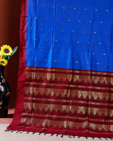 Handloom Kalyani Cotton Saree with Zari Woven Maroon Border and All-over Buttas - Blue