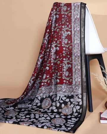 Elegant Semi Chanderi Saree with Traditional Kalamkari Handcrafted Motifs and Intricate Zari Border - Red