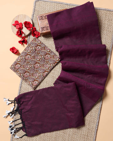 Handwoven Khadi Cotton Saree with Contrast Printed Blouse and Tassel Accents - Purple