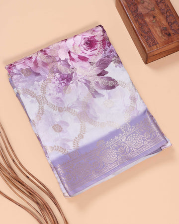 Floral Pattern Dola Silk Saree With Woven Border - Purple