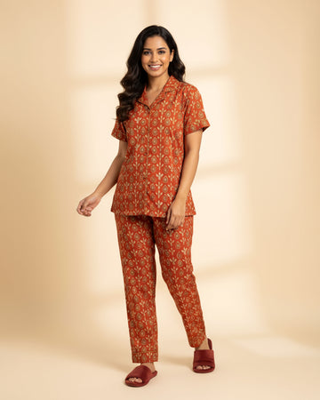Women's Leaf Print Short Sleeve Night Wear - Orange
