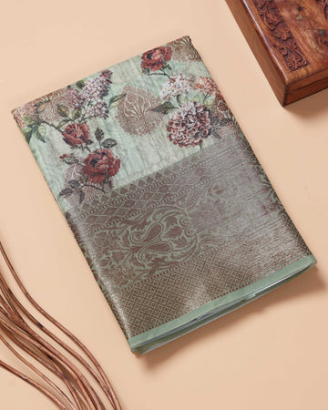 Floral Pattern Dola Silk Saree With Woven Border - Green