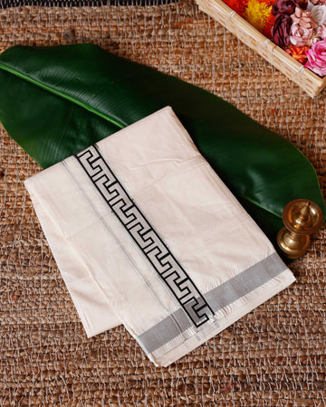 Traditional Handwoven Cotton Dhoti with Silver Border and Elegant Finish - Off White