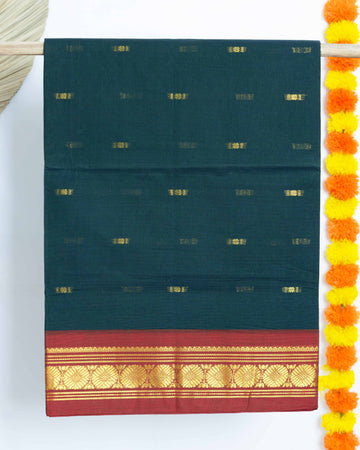 Venkatagiri Cotton Saree with Zari Butta and Contrast Zari Border - Green
