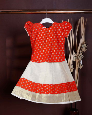 Kids Readymade Pattu Pavadai Set with Traditional Motifs - Dark Orange