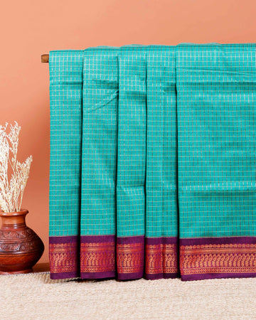 Traditional Kalyani Cotton Saree with All-Over Checks and Ornate Zari Pallu and Border - Turquoise