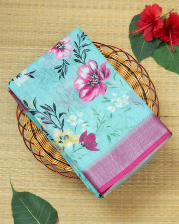 Light Blue Colour Printed Linen Cotton Saree