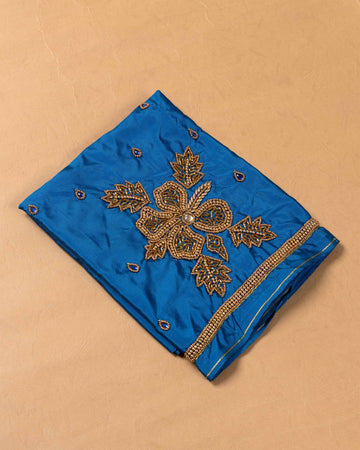 Unstitched Blouse Material with Intricate Gold Aari Embroidery - Blue