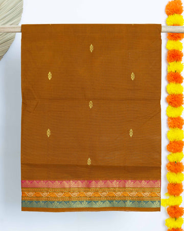 Venkatagiri Cotton Saree with Zari Butta and Broad Contrast Border - Brown