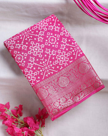 Bandhani Pattern Dola Silk Saree With Woven Border - Pink