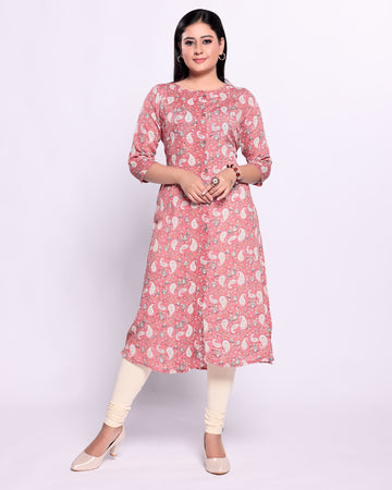 Women's Geometric Printed Straight Kurta with 3/4 Sleeves and Round Neck - Pink