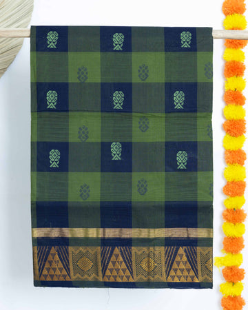 Checked Venkatagiri Cotton Saree with Traditional Zari Border - Multi