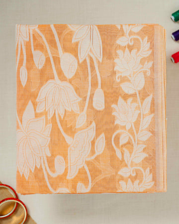Orange Floral Printed Bengal Cotton Saree