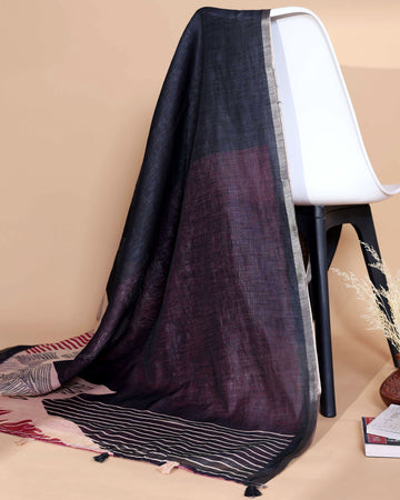 Elegant Black Linen Saree with Subtle Maroon Tint, Silver Zari Border and Striped Pallu with Tassel Detailing
