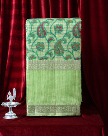 Elegance in Floral Print Semi Silk Saree - Green