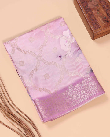 Floral Pattern Dola Silk Saree With Woven Border - Pink