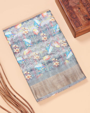 Floral Pattern Dola Silk Saree With Woven Border - Multi