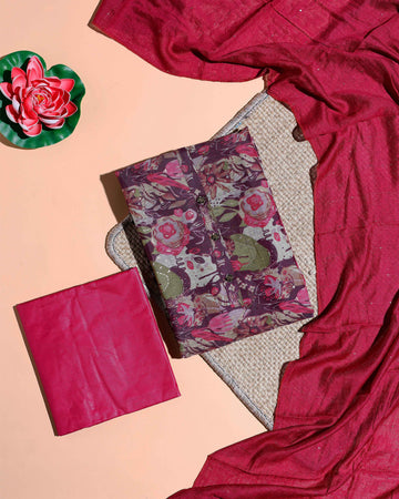 Women's Elegant Floral Printed Cotton Salwar Material with Plain Bottom and Matching Dupatta - Purple