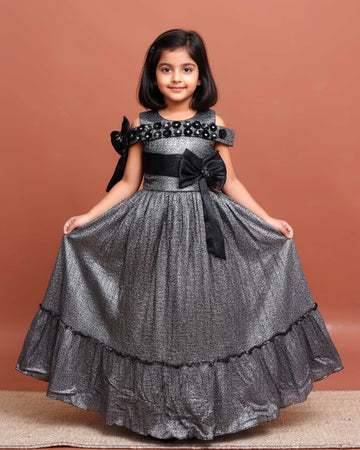 Off-Shoulder Princess Frock with Embellished Bodice & Accents - Grey