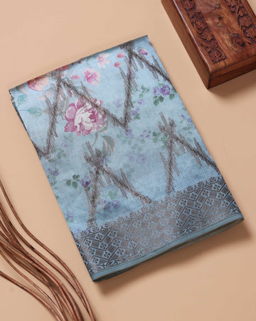 Floral Pattern Dola Silk Saree With Woven Border - Blue