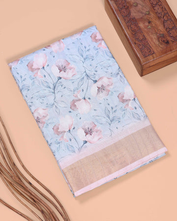 Floral Pattern Dola Silk Saree With Woven Border - Blue