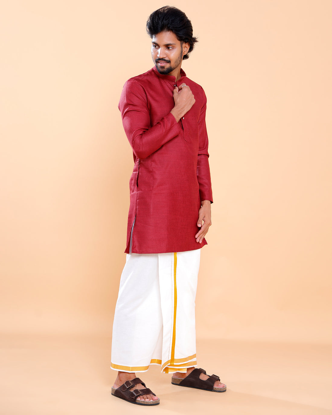Elegant Men's Solid Mandarin Collar Kurta with Full Sleeves - Red