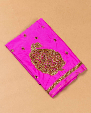 Embroidered Unstitched Blouse Material with Aari Work Peacock Design - Pink