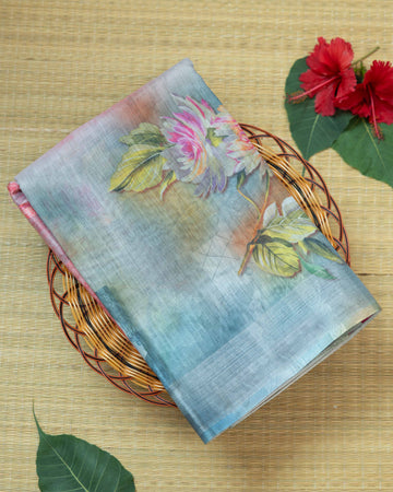 Blue Colour Printed Linen Cotton Saree