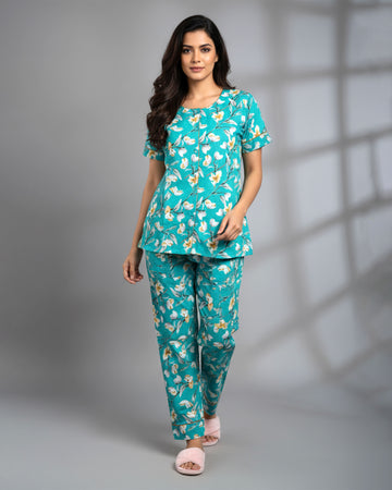 Women's Floral Print Short Sleeve Night Wear - Green