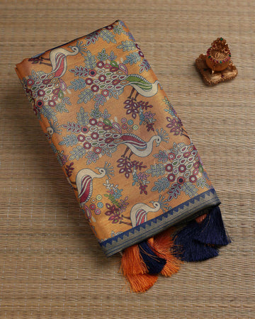 Exquisite Peacock & Floral Motif Fancy Silk Saree with Tasseled Pallu - Orange
