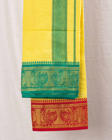 Yellow Cotton Dhoti With Multi Border