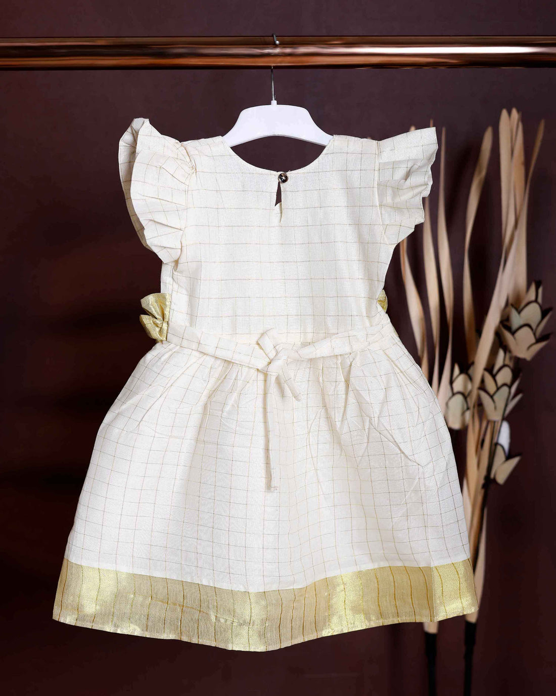 Girls' Traditional Kerala Kasavu Style Frock with Gold Zari Border and Waist Embellishment - Off White
