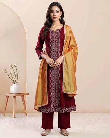 Elegant Readymade Salwar Suit with Intricate Detailing and Matching Dupatta - Maroon