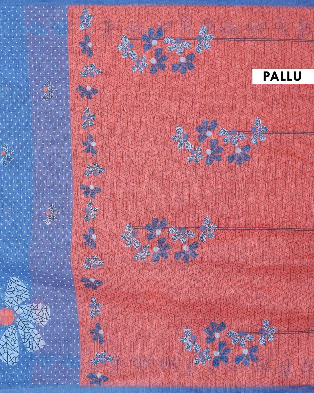 Dual Tone Blue and Rust Linen Saree with White Polka Dots, Floral Printed Pattern and with Colourful Tassel Detailing