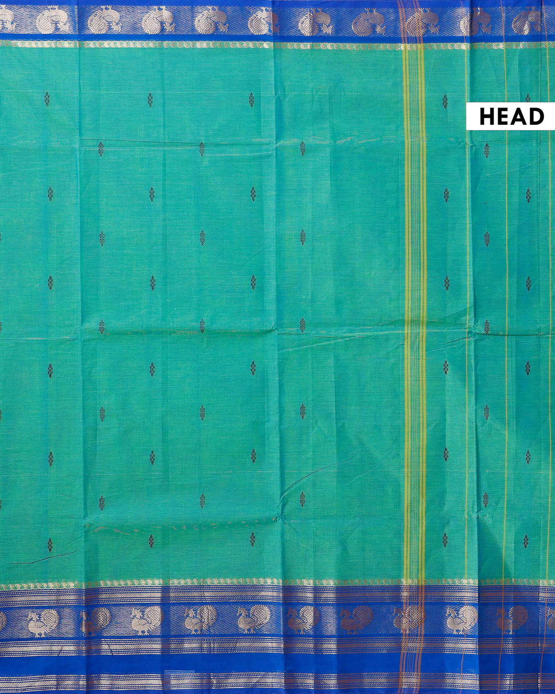 Handloom Chettinad Cotton Saree with Small Butta Weaves, Zari Peacock Motif Border and Contrast Pallu - Green