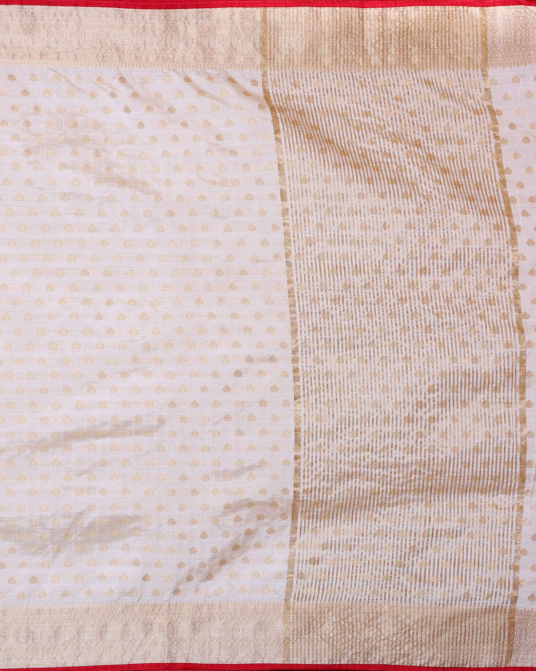 Off White   Art Silk Saree with Golden Zari & Buti Pattern Enhanced with Red Border
