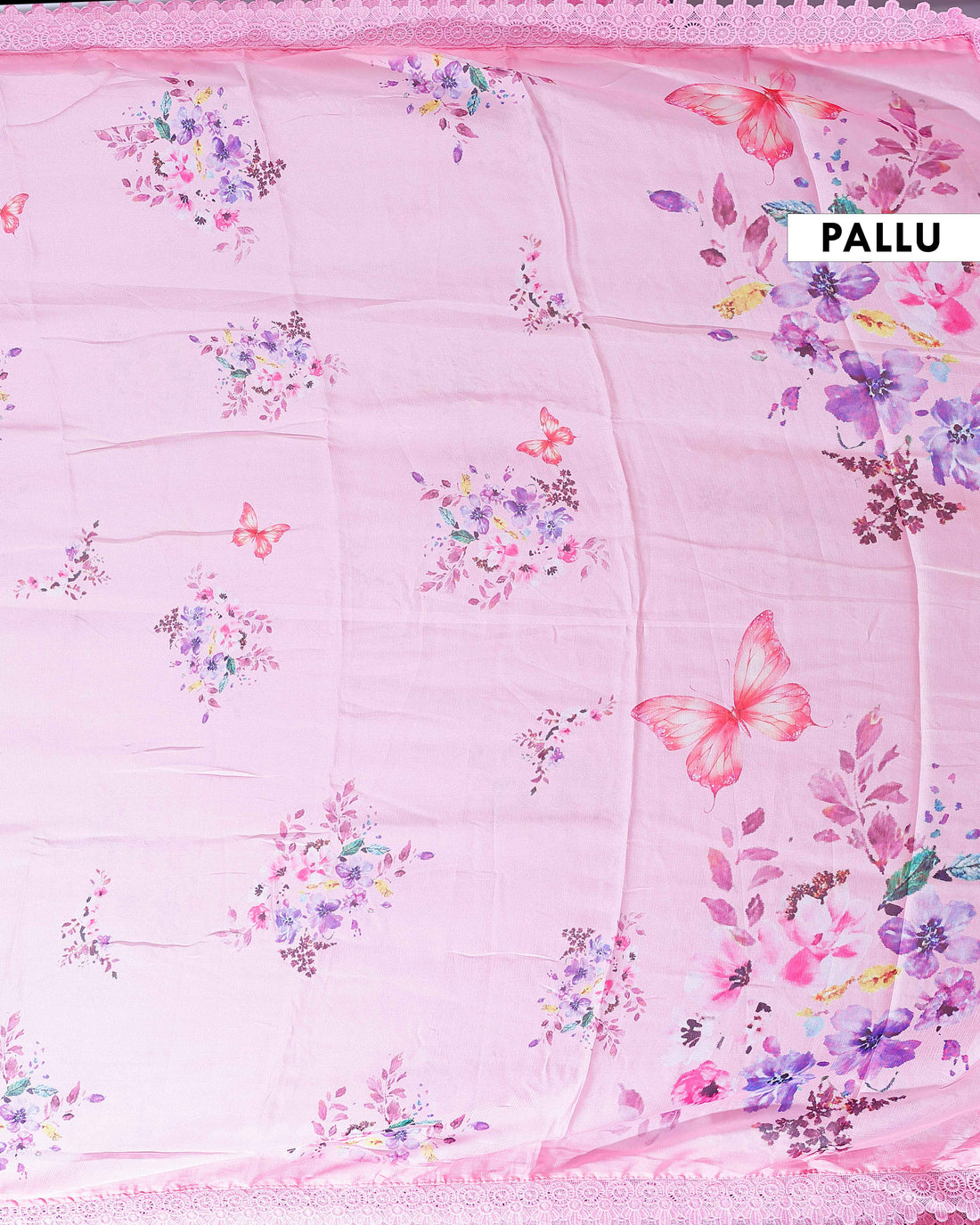 Elegant Georgette Saree with Delicate Floral Prints and Intricate Lace Border - Pink