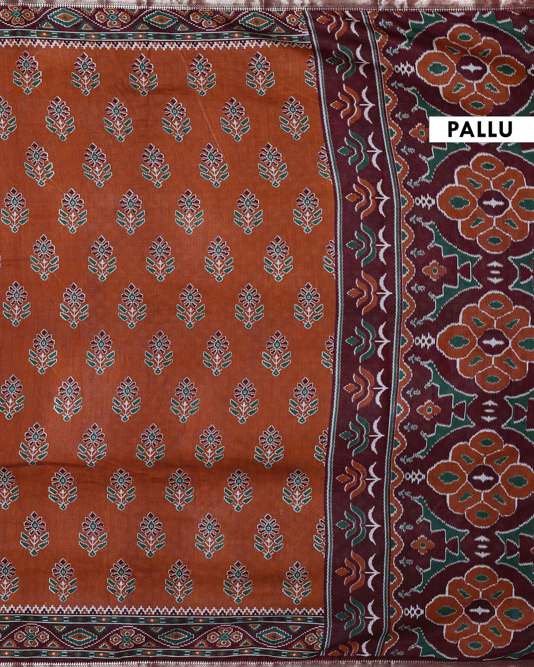 Rich Orange Patola Silk Saree with Intricate Floral Motifs and Black Contrast Pallu