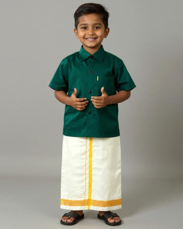 Traditional Kids Shirt and Dhoti Set - Bottle Green