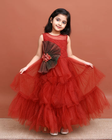 Girls Embellished Tiered Ruffle Gown Frock for Party Wear - Brown