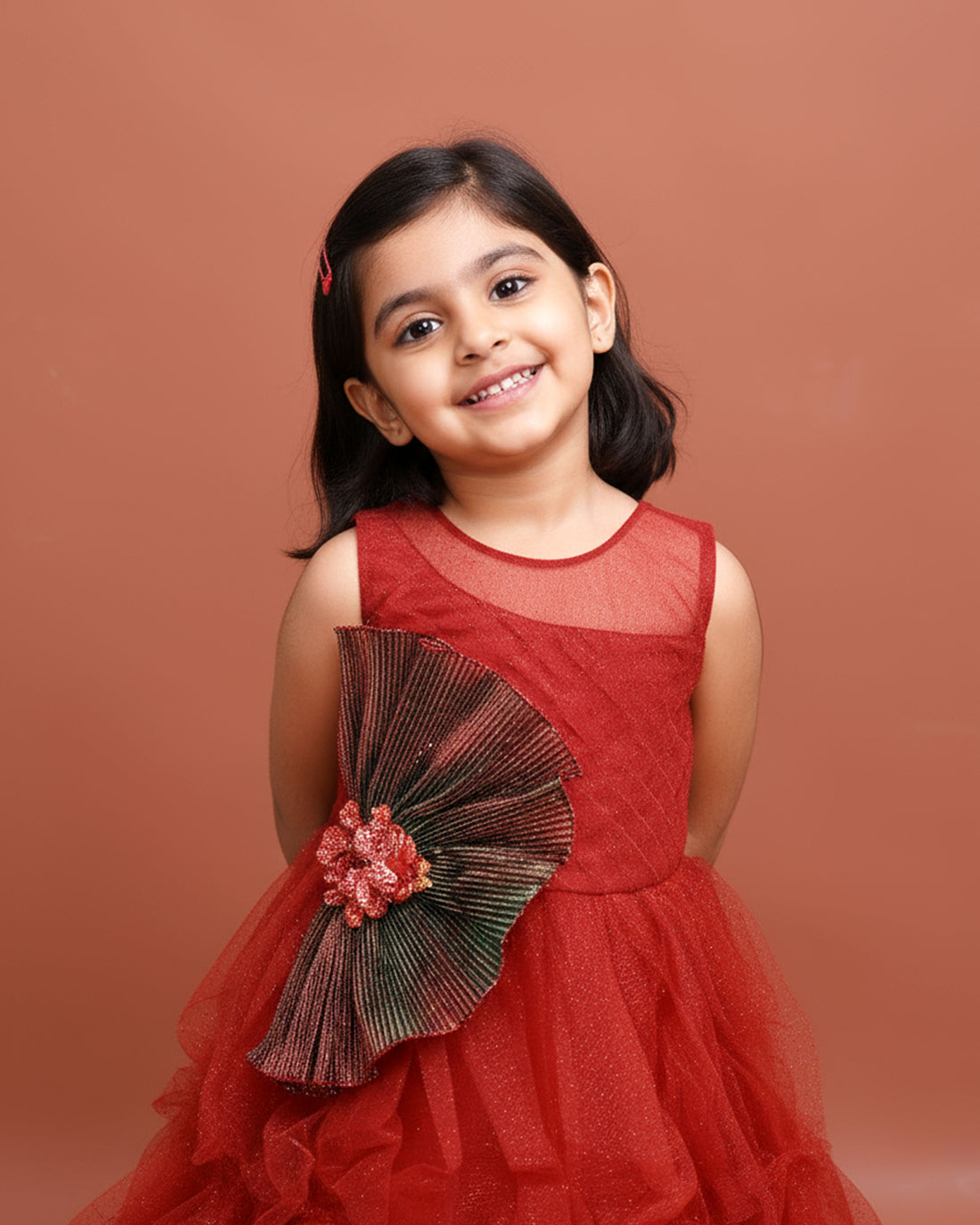 Girls Embellished Tiered Ruffle Gown Frock for Party Wear - Brown