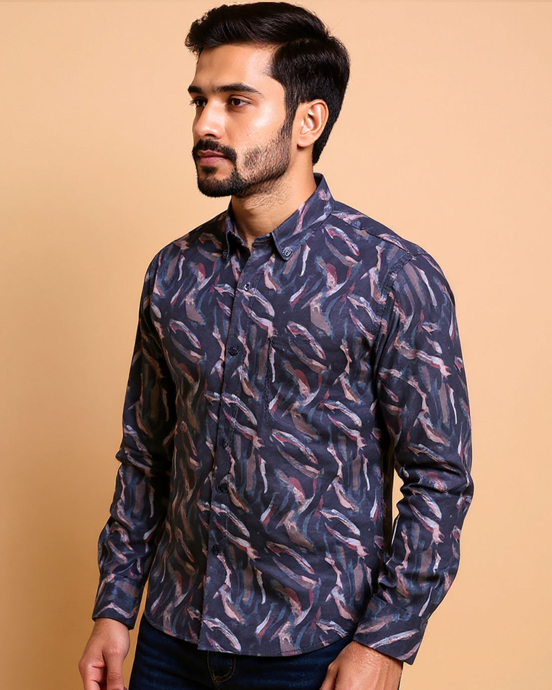 Men's Nativebull Abstract Printed Casual Shirt with Spread Collar and Full Sleeves - Purple