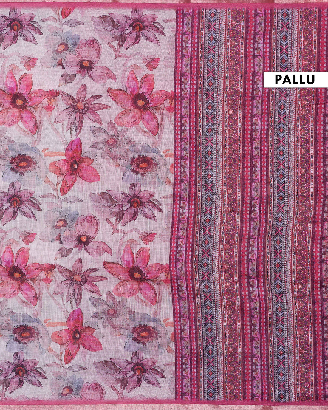 Ethnic Pink Linen saree with Multi-color Paisley and Floral Design