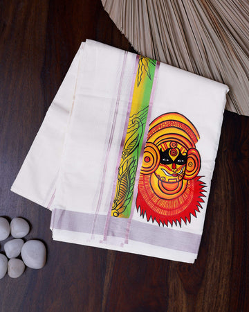 Men's Traditional Handpainted Kathakali Mural Kasavu Cotton Dhoti With Rose Gold Border - White