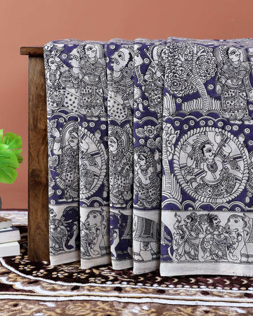 Traditional Hand-Painted Kalamkari Cotton Saree with Traditional Motifs - Blue