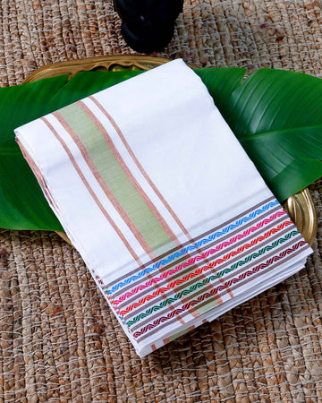Men’s Cotton Dhoti with Multi Colour Border - White