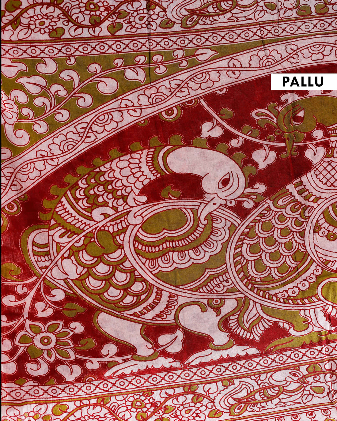 Traditional Handloom Kalamkari Cotton Saree with Intricate Floral and Avian Motifs - Green