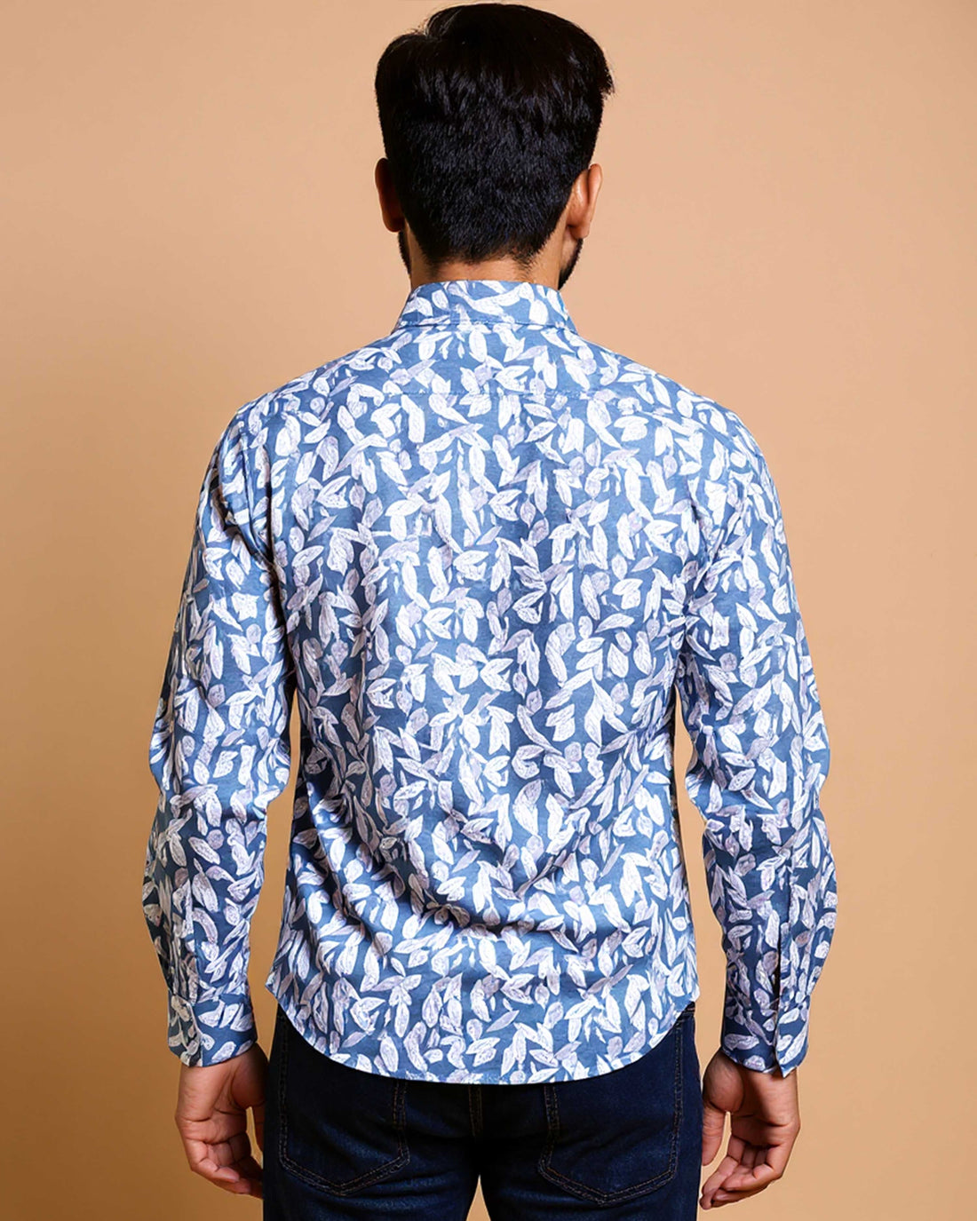 Nativebull Men's Leaf Print Slim Fit Casual Shirt with Spread Collar and Full Sleeves - Blue