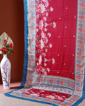 Elegant Georgette Saree with Intricate Floral Embroidery and Traditional Patterned Border - Red