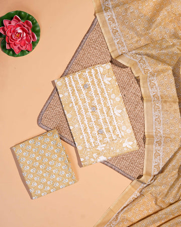 Elegant Floral Printed Unstitched Salwar Suit Material with Embellished Buttons - Sandal